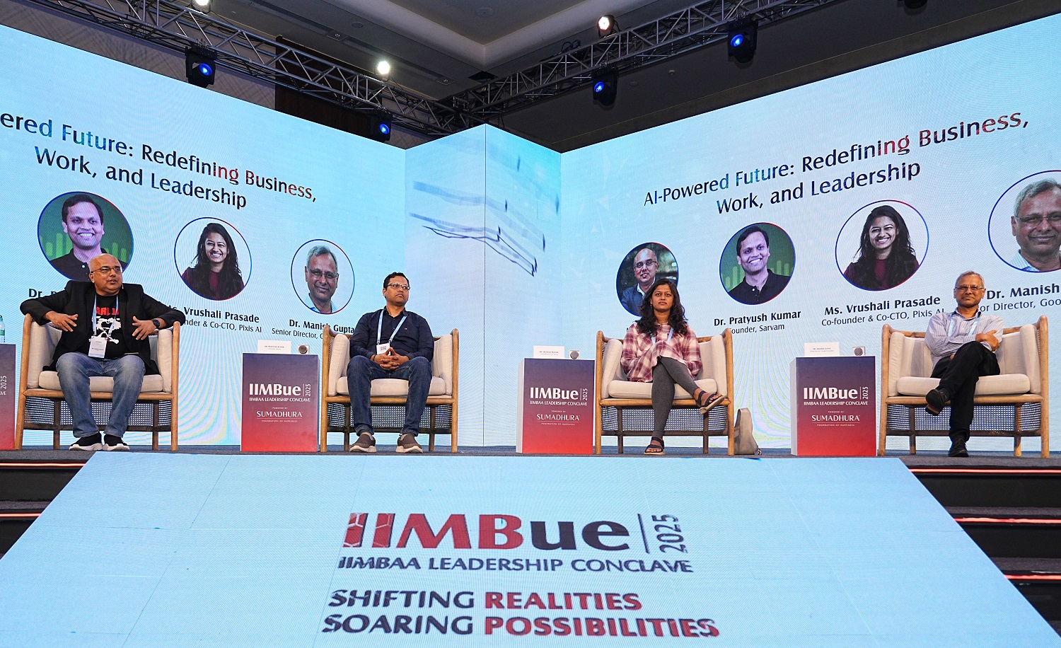 (L-R) Harsha Angeri, PGP 2001 and VP & Head of AI Business Corp. Strategy, Subex; Dr. Pratyush Kumar, Founder, Sarvam, Vrushali Prasade, Founder, Pixis, and Dr. Manish Gupta, Sr. Director, Google DeepMind, examined whether Gen AI is sufficient to drive meaningful transformation in business and society.