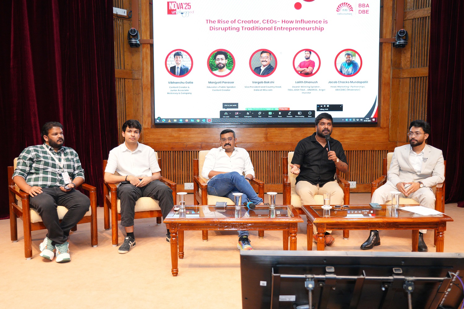 (L-R) Jacob Chacko Mundapallil, Head of Marketing Partnerships, BBA (DBE); Vibanshu Golia, Content Creator & Junior Associate at McKinsey & Co.; Vargab Bakshi, Vice President and Country Head, India at Wix.com; Lalith Dhanush, Award-Winning Speaker, TEDx and Josh Talk; and Manjyoti Parasar, AI Educator, Student Mentor, and Content Creator, participated in the panel discussion.