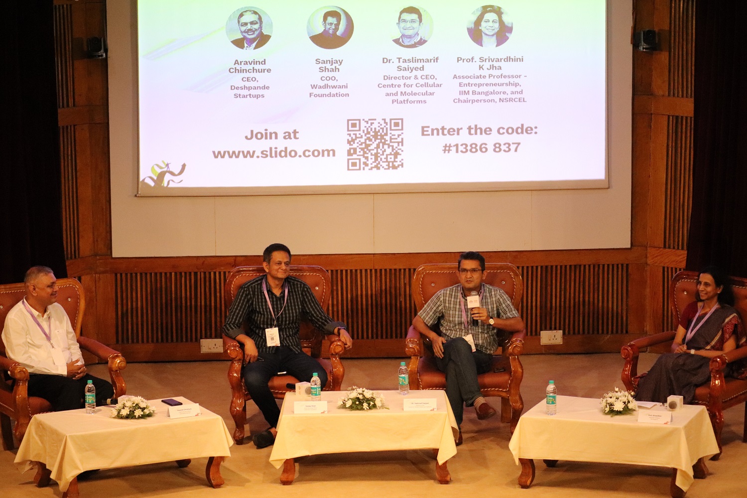 Dr. Aravind Chinchure, CEO, Deshpande Startups; Sanjay Shah, COO, Wadhwani Foundation; Dr. Taslimarif Saiyed, Director & CEO, Centre for Cellular and Molecular Platforms (C-CAMP) and Prof. Srivardhini K Jha, Chairperson, NSRCEL, at the panel discussion on ‘Building sophisticated ecosystems’.