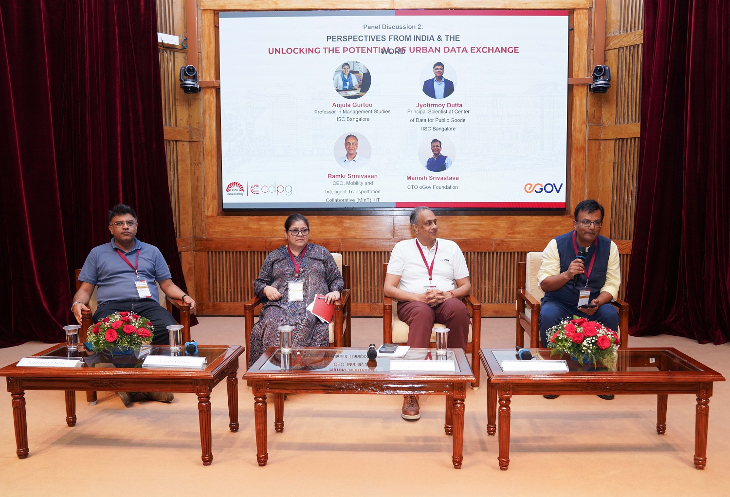 (L-R) Dr. Jyotirmoy Dutta, Principal Scientist, Center for Data for Public Good, IISc Bangalore; Prof. Anjula Gurtoo, Data Management, IISc Bangalore; Dr. Ramki Srinivasan, CEO, Mobility and Intelligent Transportation Collaborative, MInT, IIT Madras; and Manish Srivastava, CTO, eGov Foundation, shared perspectives on ‘Unlocking the Potential of Urban Data Exchange’.