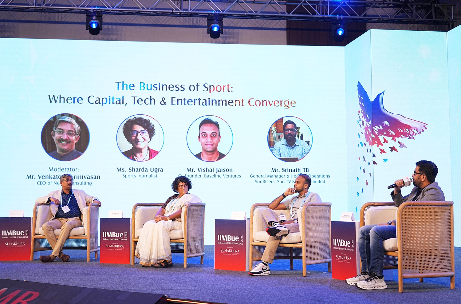 (L–R) Venkatesh Sreenivasan, CEO of Nexus Consulting and IIMB alumnus; Sharda Ugra, Senior Sports Journalist; Vishal Jaison, Co-Founder of Baseline Ventures; and Srinath T.B., General Manager and Head of Operations at Sunrisers Hyderabad, engaged in a conversation on the evolution of athlete management during the panel discussion, ‘The Business of Sport: Where Capital, Tech & Entertainment Converge’.