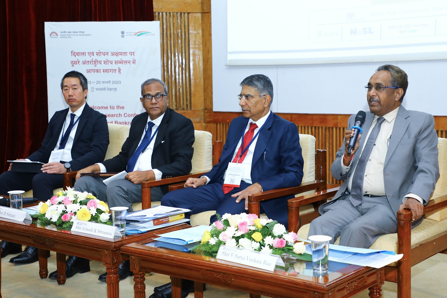 (L-R): Hiroshi Kasuya, Partner, Baker & McKenzie, Japan; B. Sriram, Former MD & CEO, IDBI Bank Ltd.; Avinash K Srivastava, Member (T), NCLT, and V. Satya Venkata Rao, Deputy Managing Director, SIDBI, take part in a panel discussion on: ‘Insolvency Resolutions: A Special Case for SMEs’, at the conference on 24th February 2023.