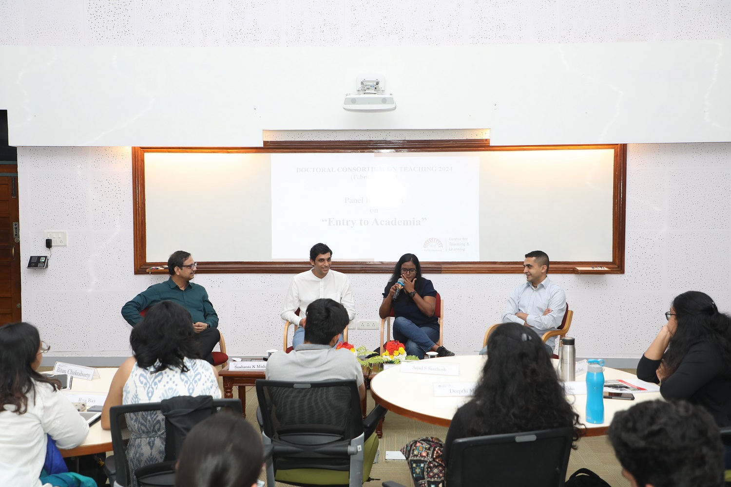 (From L to R): Prof. Sushanta K Mishra, Prof. Anand Deo, Prof. Reshma Chirayil, and Prof. Aditya Srinivas having a panel discussion on ‘Entry to Academia’. 