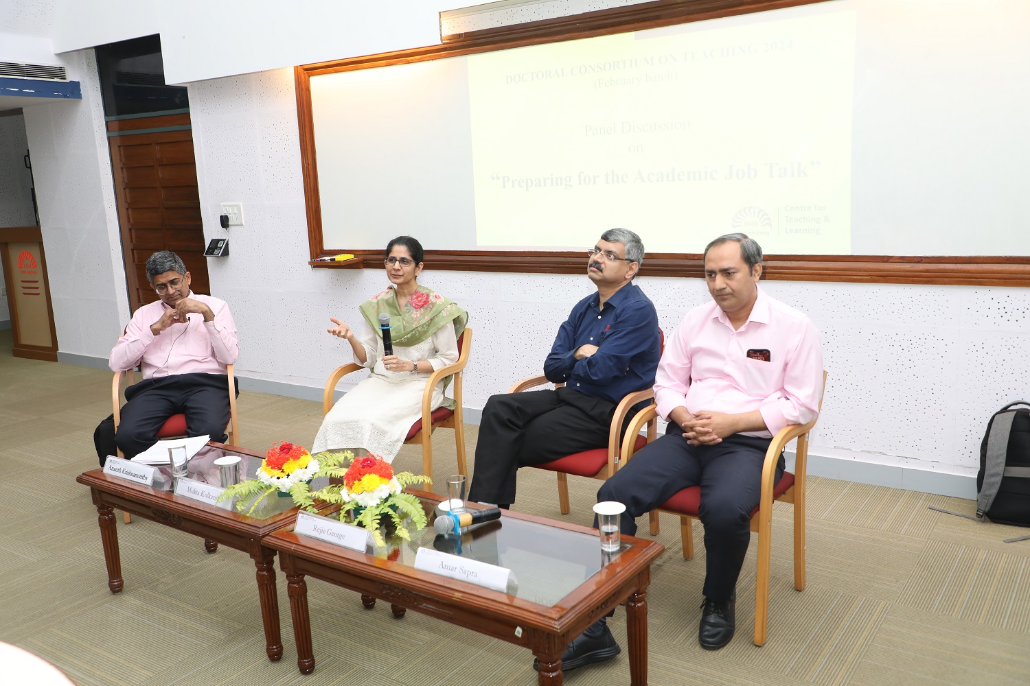 (From L to R): Prof. Ananth Krishnamurthy, Prof. Mukta Kulkarni, Prof. Rejie George, and Prof. Amar Sapra having a panel discussion on ‘Preparing for the Academic Job Talk’. 