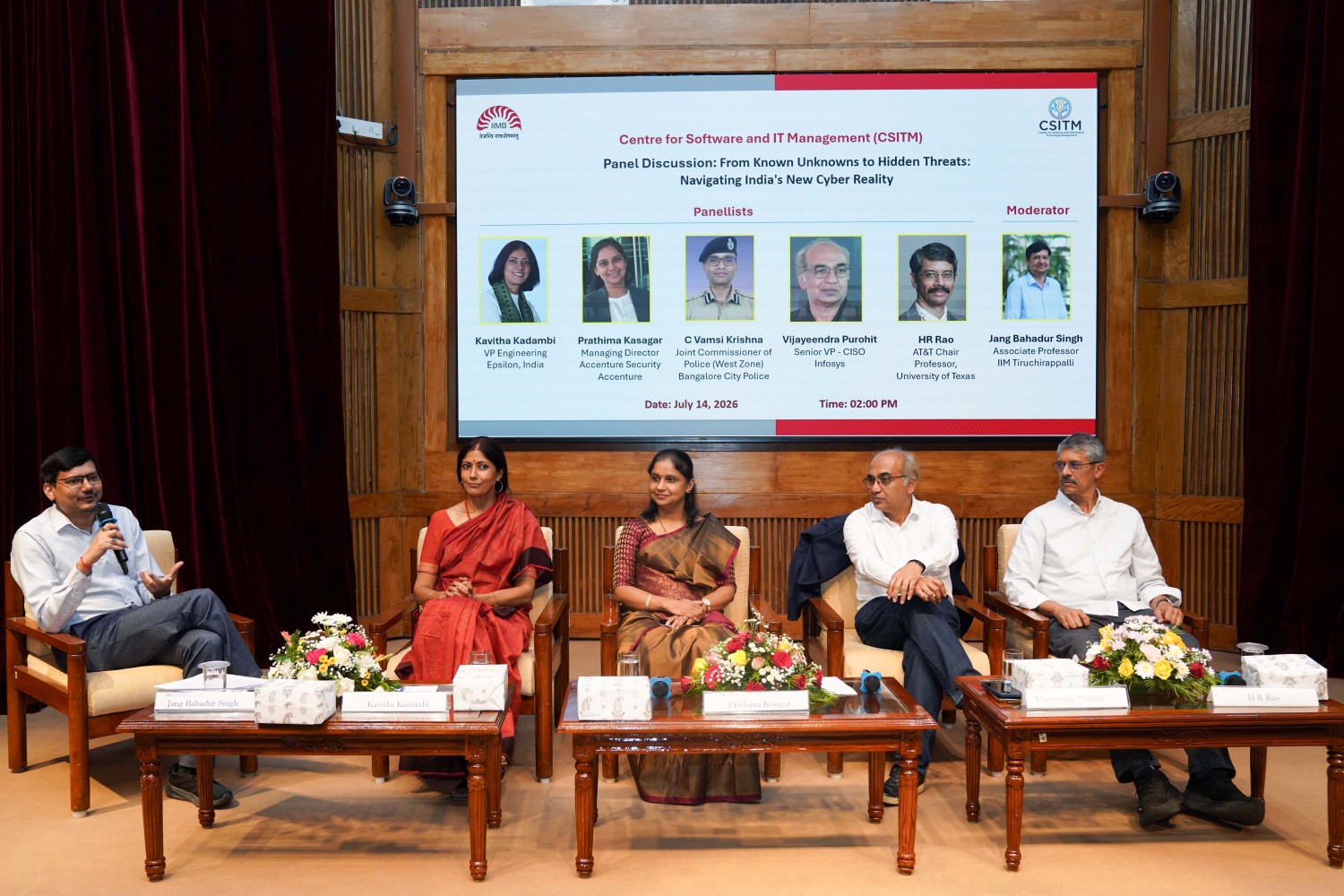 (L-R) Prof. Jang Bahadur Singh, Information Systems and Analytics area, IIM Tiruchirappalli, moderates the panel discussion, ‘From Known Unknowns to Hidden Threats: Navigating India's New Cyber Reality’, featuring, Kavitha Kadambi, Vice President Engineering, Epsilon, India; Prathima Kasagar, Managing Director, Accenture Security; Vijayeendra Purohit, Senior Vice President and Chief Information Security Officer (CISO), Infosys; and Prof. H. R. Rao, AT&T Chair Professor at the University of Texas at San Antonio.