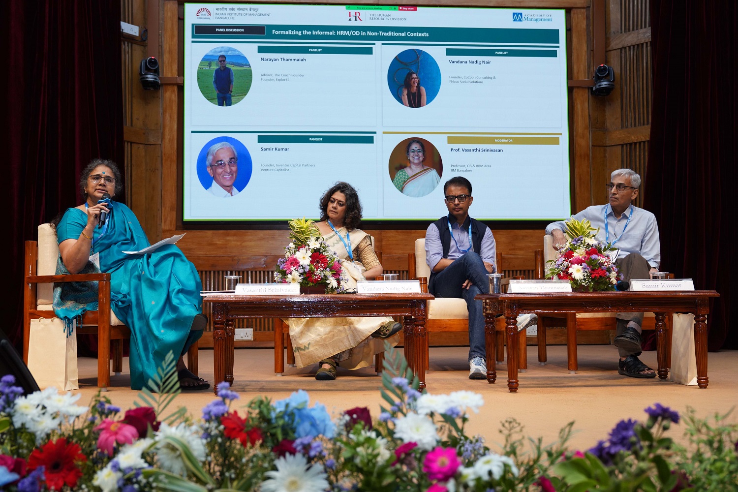 (L-R): Prof. Vasanthi Srinivasan, Dean, Alumni Relations & Development and faculty of the Organizational Behavior & Human Resources Management area of IIMB; Dr. Vandana Nadig Nair, Co-founder & Partner, CoCoon Consulting and Founder & Chief Architect, Phicus Social Solutions; Narayan Thammaiah, Founder, The Coach Founder, and Samir Kumar (PGP 1986 alumnus), Managing Director & General Partner, Athera Venture Partners, during a panel discussion on: ‘Formalizing the Informal: HRM/OD in Non-traditional Contexts’, on the second day of HRIC 2026 at IIM Bangalore, on 10th April 2026.