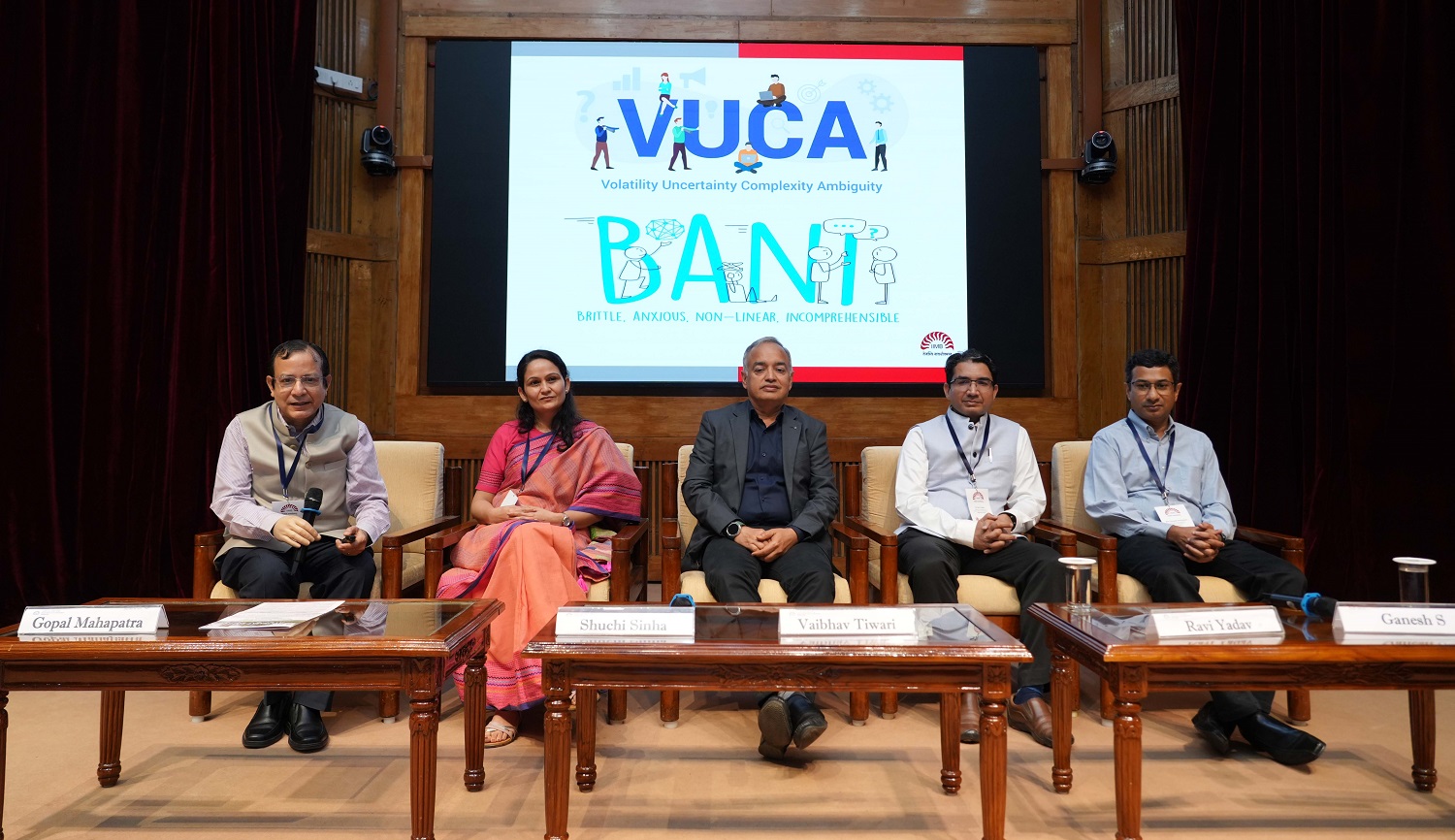 (L-R) Prof. Gopal Mahapatra, OB&HRM area, moderating the panel discussion, ‘Healthcare 2030: Who Will Lead the Change – Machines, Management, or Markets?’, featuring Prof. Shuchi Sinha, IIT Delhi; Dr. Vaibhav Tiwari, Co-Founder & CEO, Portea; Dr. Ravi Yadav, Dr Ravi Yadav Professor of Neurology and Deputy Medical Superintendent, NIMHANS; and Ganesh S, Ganesh Srinivasan, GM, Microsoft.