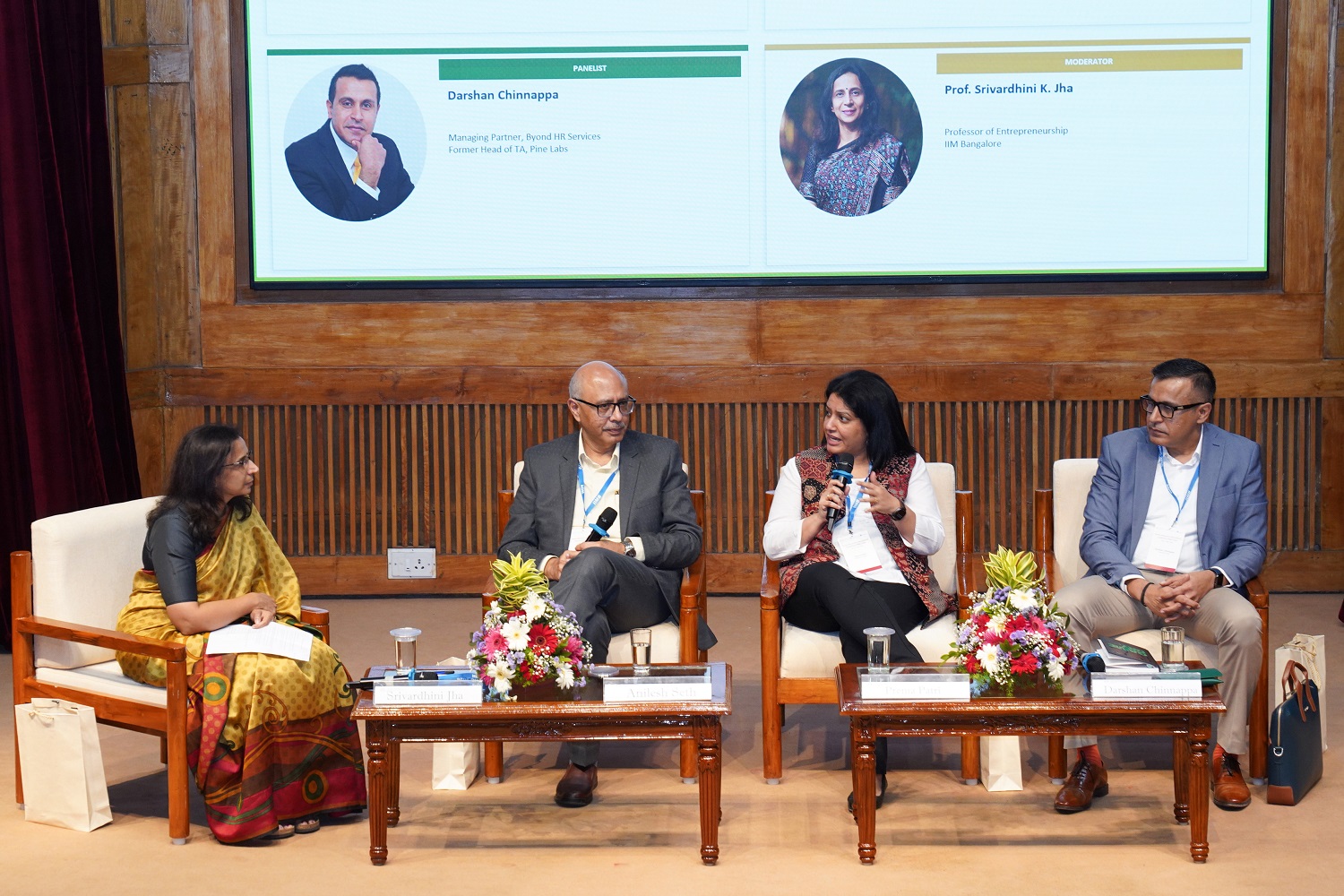 (L-R): Prof. Srivardhini K Jha, Chairperson, NSRCEL and faculty of the Entrepreneurship area, IIM Bangalore; Dr. Anilesh Seth, GCC Advisor and Co-founder, GigVistas; Prema Patri, Founder, Leadership Consultant, Syntegral Partners, and Darshan Chinnappa, Managing Partner, Byond HR Services, during a panel discussion on: ‘Building a Resilient Talent Strategy for GCCs’, on Day 2 of the sixth Human Resources International Conference at IIMB, on 10th April 2026.