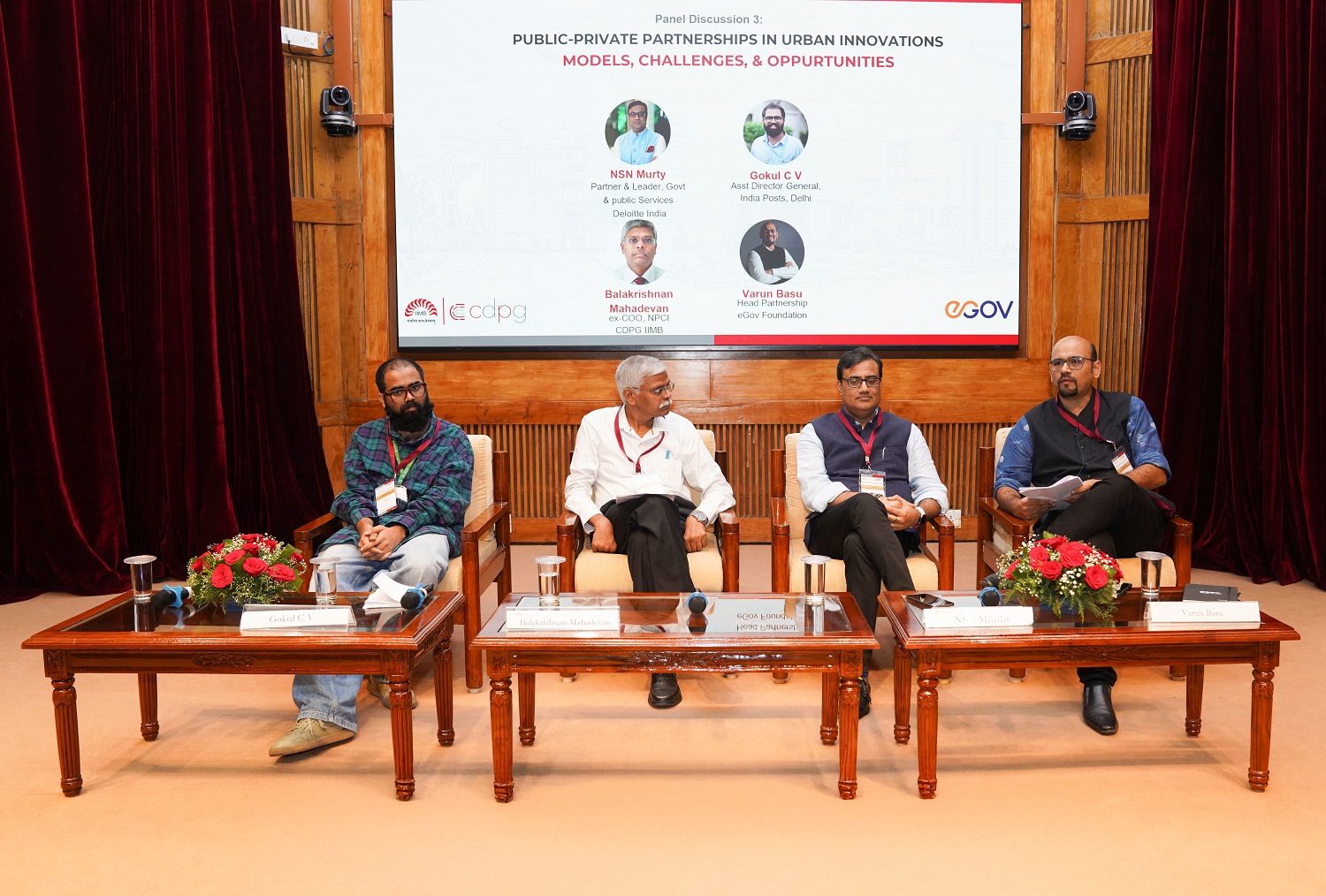 (L-R) Gokul CV, Asst Director General, Department of Posts; Balakrishnan Mahadevan, IIMB CDPG, ex-COO NPCI, ex-World Bank; and NSN Murty, Partner and Leader Government and Public Services, Deloitte, weighed in on ‘Public-Private Partnerships in Urban Innovation: Models, Challenges, and Opportunities’.