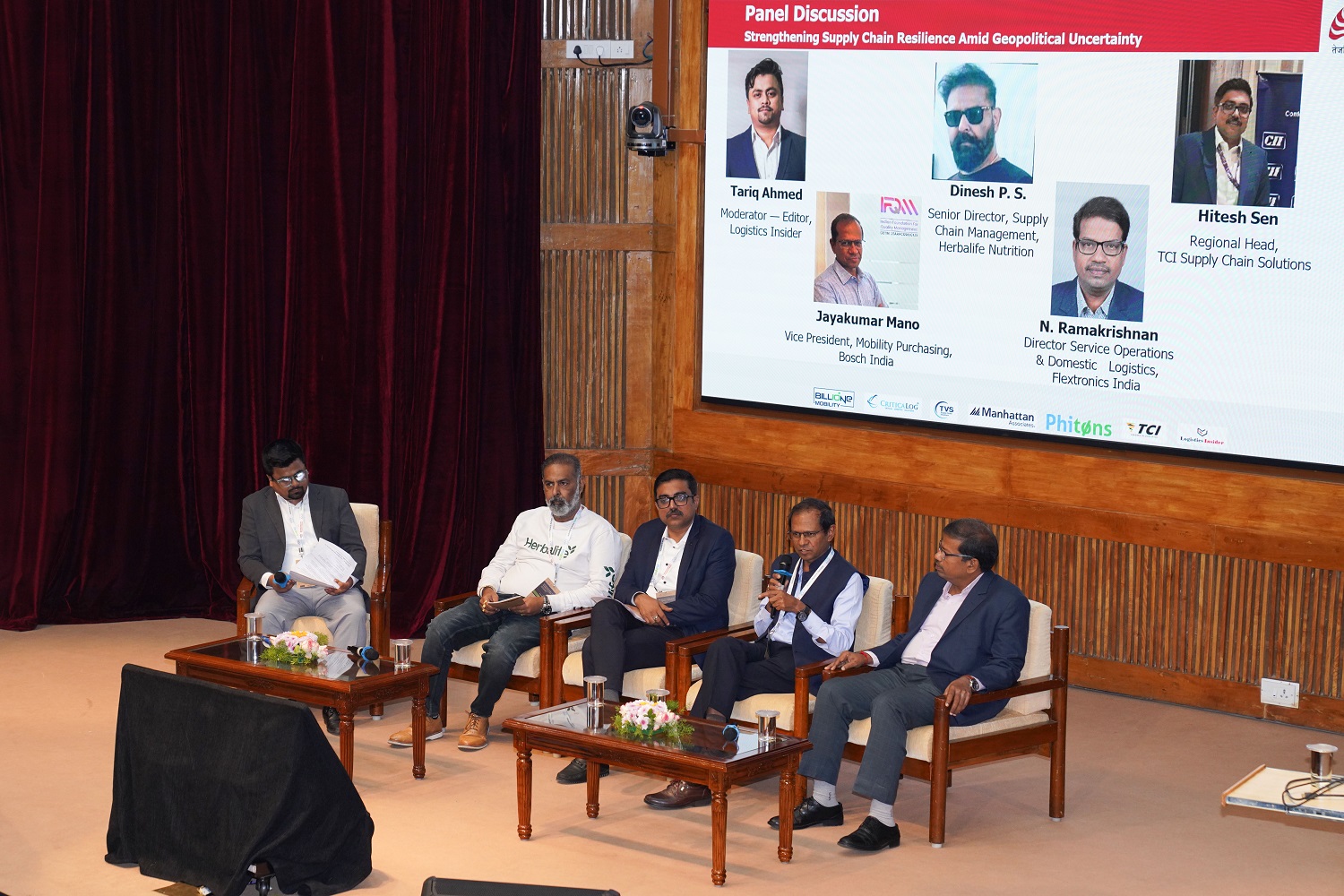 L-R: Tariq Ahmed, Editor, Logistics Insider (Moderator); N. Ramakrishnan, Director, Service Operations & Domestic Logistics, Flextronics; Jayakumar Mano, Retired Vice President, Mobility Purchasing, Bosch Limited; Dinesh P. S., Senior Director, Supply Chain Management, Herbalife Nutrition; and Hitesh Sen, Regional Head, TCI Supply Chain Solutions, during Panel Discussion 3 on Navigating Geopolitical Shocks and Global Risks.