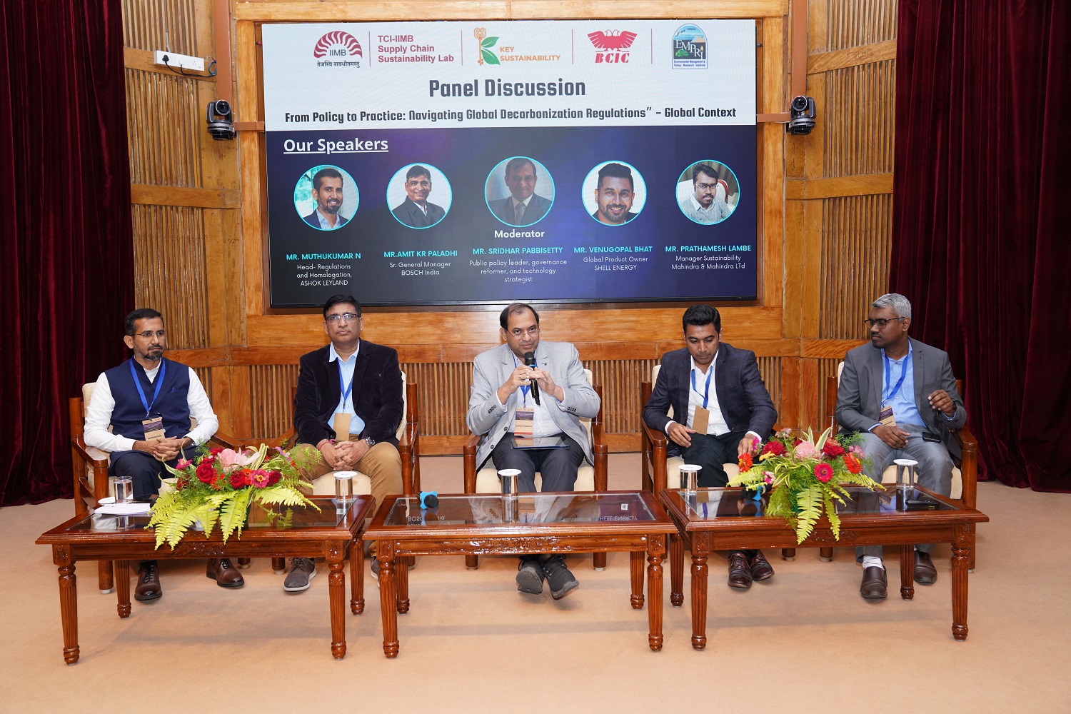 (L–R) N Muthukumar, Head - Regulatory Affairs and Product Homologation, Ashok Leyland;Amit Kumar Paladhi, Sr General Manager EHS & Sustainability, Bosch India;PGSEM ’08 alumnus Sridhar Pabbisetty, Public Policy and Urban Governance Specialist; Venugopal Bhat, Research Fellow - Global Product Owner - Supply Chain Data and Digital systems - Shell Energy; and Prathamesh Lambe, Manager - Sustainability, Mahindra & Mahindra, participated in a panel discussion on ‘From Policy to Practice: Navigating Global Decarbonization Regulations’.