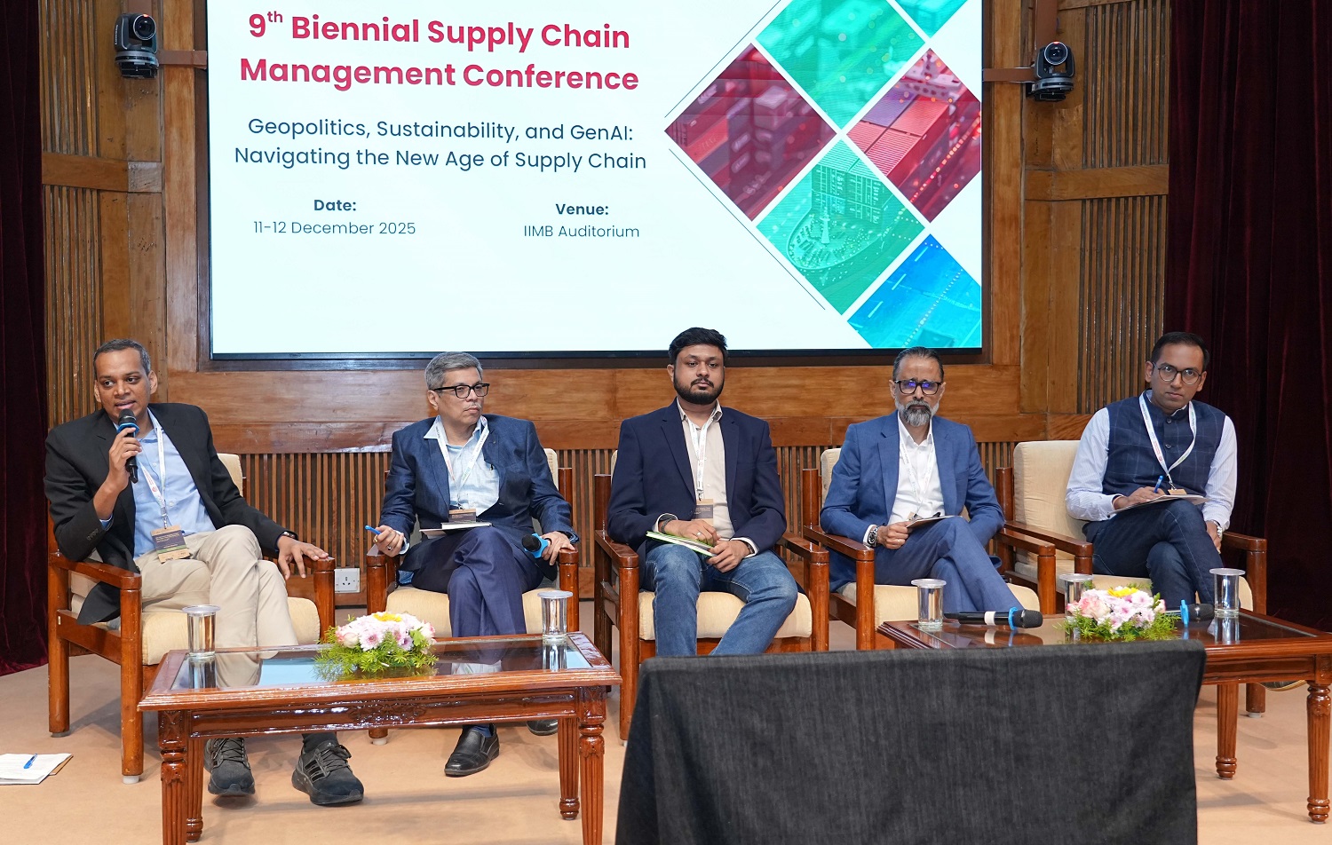 L-R: Srihari Murthy, CEO & Founder, Factri.Ai (Moderator); Pandurang Prabhu, VP, R&D, Manhattan Associates India; Sandeep Menon, Data Science Supply Chain, Juniper Networks; Boby Mohan, COO-South, TVS Supply Chain Solutions Ltd.; and Ankit Kala, Chief of Network & Planning, Shadowfax, during the first panel discussion on The Future of Work in Supply Chains – Human + AI Collaboration.