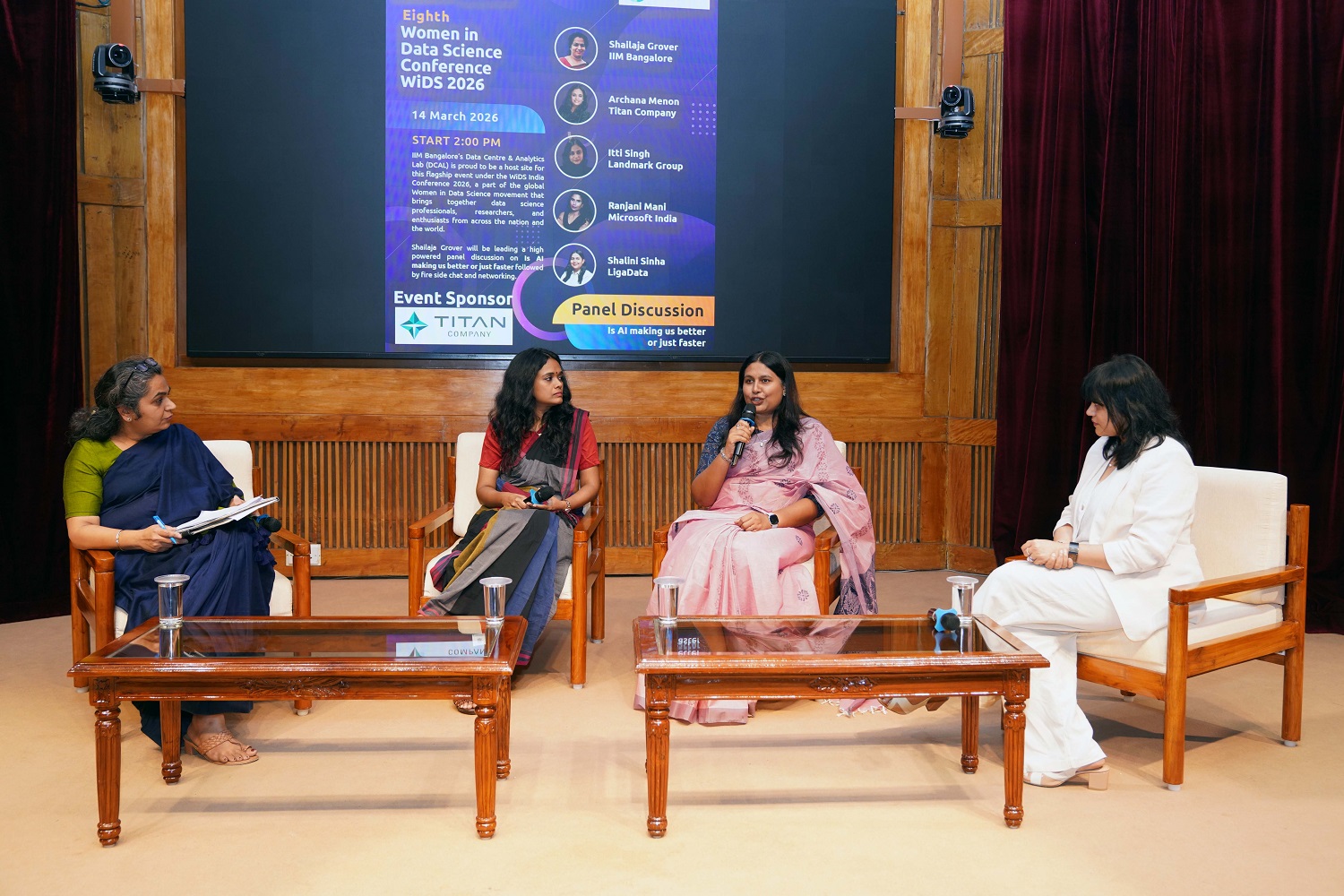 (L-R): The panel discussion 'Is AI Making Us Better or Just Faster?' moderated by Shailaja Grover, IIMB, brought together panellists Archana Menon, Analytics Head, Titan Company, Shalini Sinha, Senior Director, LigaData, and Itti Singh, VP – Head of Analytics & Data Science, Landmark Group.