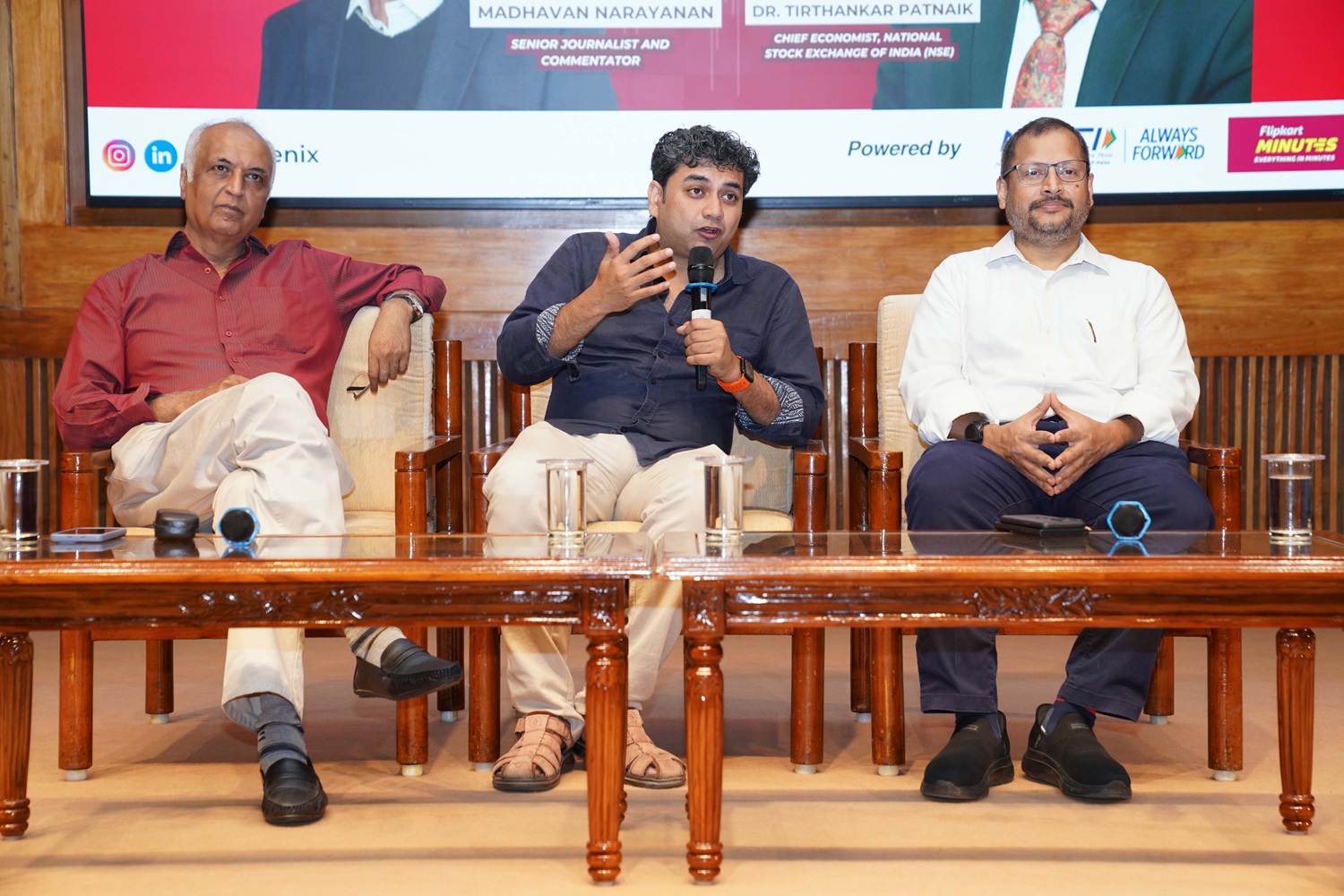 (L-R) Madhavan Narayanan, senior journalist; session moderator Prof. Ritwik Banerjee, Chairperson, Economics area, and Dr. Tirthankar Patnaik, chief economist, NSE, opened a panel on ‘India’s Development Trajectory: Business Opportunities in the Viksit Bharat Vision @2047.’