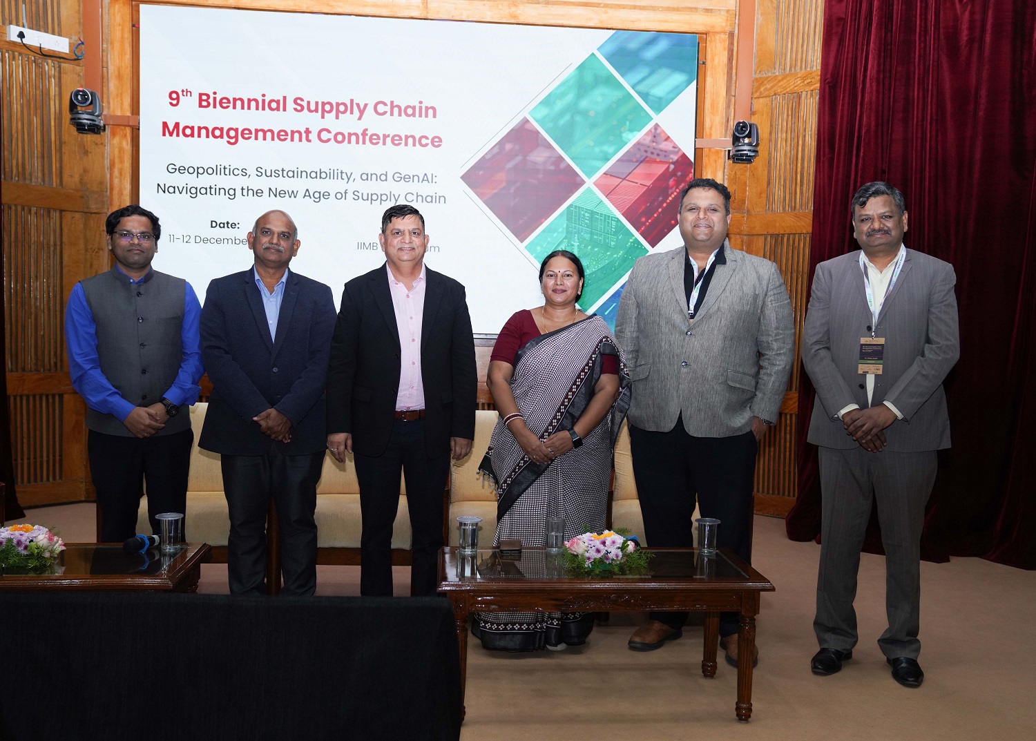 L-R: Prof. Rajeev R. Tripathi, Chairperson, SCMC, Sridhar L., AVP & Head – ESG, Bangalore International Airport Ltd.; Naresh Tyagi, Chief Sustainability Officer, Aditya Birla Fashion and Retail Ltd.; Keerthi D’Souza, Founder & MD, LGS Assurance and Co-chair, CAPS–CAHO Santosh Nagasamy, CEO & Co-Founder, Phitons Bioengineering, and Dr. Aditya Gupta, Chief Operations Officer, SCMC, IIMB, during Panel Discussion 2 on Decarbonizing Global Value Chains.