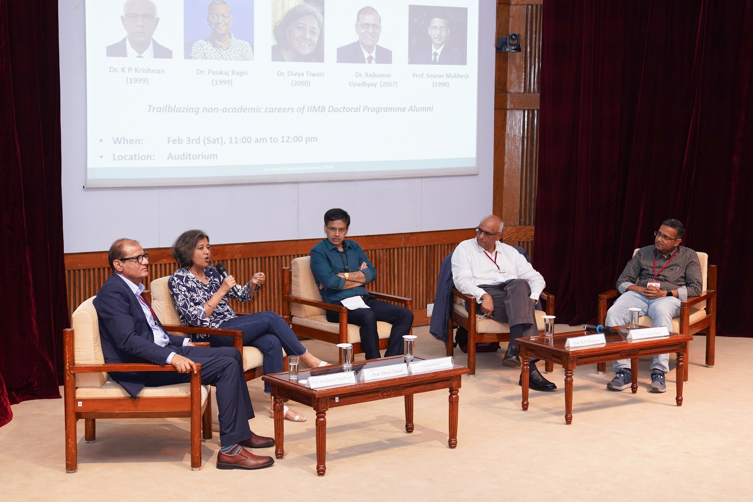 (L-R) Dr. Raj Kumar Upadhyay, FPM 2007 & Chief Executive Officer and Chairman CDOT board; Dr. Divya Tiwari, FPM 2000 & Principal Scientist & Advisor at Saahas; Prof. Sourav Mukherji, FPM 1998 & Dean, Alumni Relations & Development, IIMB; Dr. K P Krishnan, FPM 1999 & Director, IIHS Board and Dr. Pankaj Bagri, FPM 1998 and Vice President, Merchandising Capabilities at Target at the panel discussion on 'Crossroads - Trailblazing non-academic careers'.