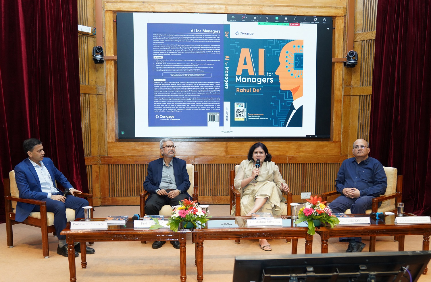 (L-R) Prof. Sourav Mukherji, Dean, Alumni Relations & Development, IIMB; Prof. Rahul Dé, Information Systems, IIMB; Dr. Rohini Srivathsa, Chief Technology Officer, Microsoft India & South Asia; Prof. Rishikesha T. Krishnan, Director, IIMB, engaging in a panel discussion. 