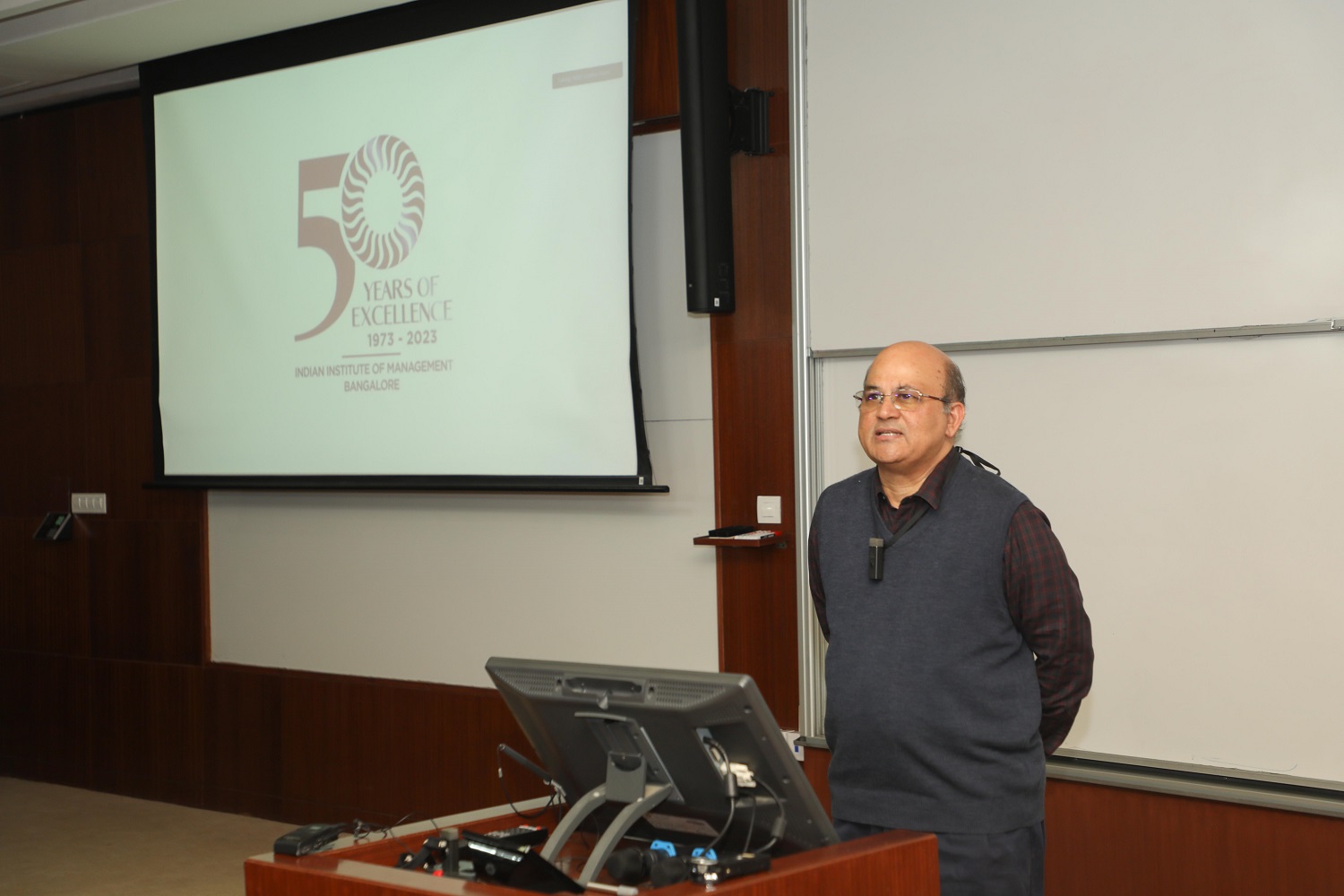 Prof. Rishikesha T Krishnan, Director, IIMB, speaks about the celebration plans during the launch of the Golden Jubilee logo