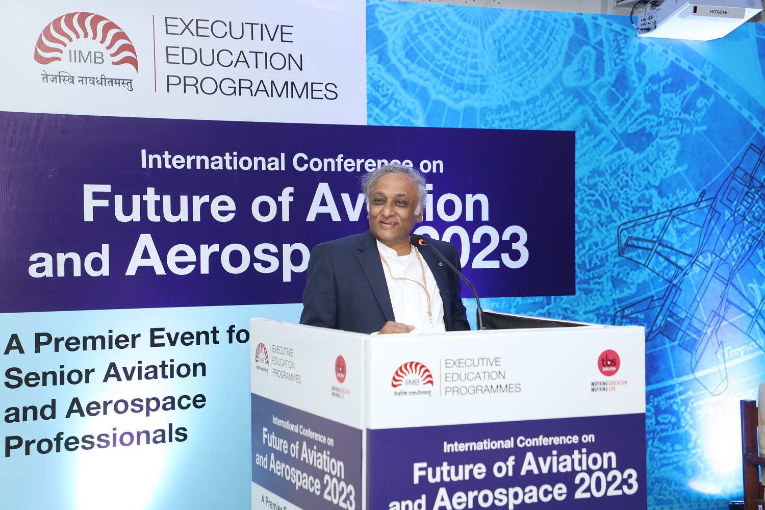 Prof. S Raghunath, faculty IIM Bangalore and Conference Chair, addresses the gathering at the ‘International Conference on Future of Aviation & Aerospace 2023.