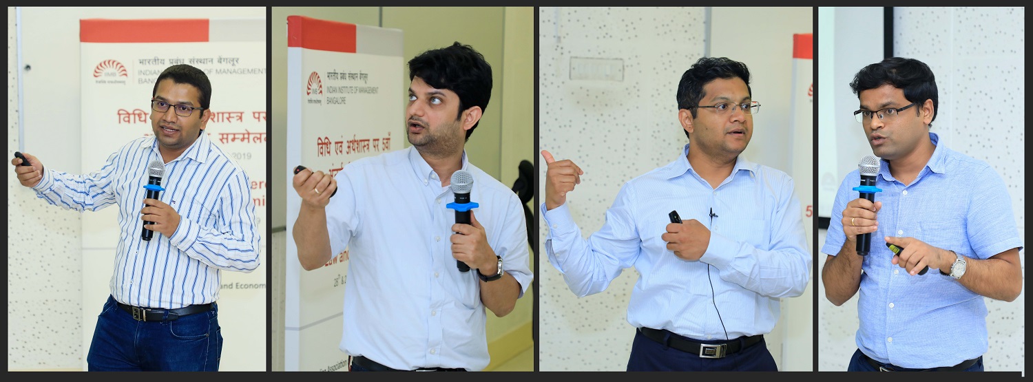 (L-R) Prof. Sai Chittaranjan Kalubandi, faculty from the Strategy area, IIMB; Prof. Abhinav Anand, faculty from the Finance & Accounting area, IIMB; Prof. Prashant Chintapalli, faculty from the Production & Operations Management area, IIMB and Prof. Rajeev R. Tripathi, faculty from the Production & Operations Management area, IIMB, at the panel discussion and presentation on 'Research Design and Method Choices For Law and Economics'.