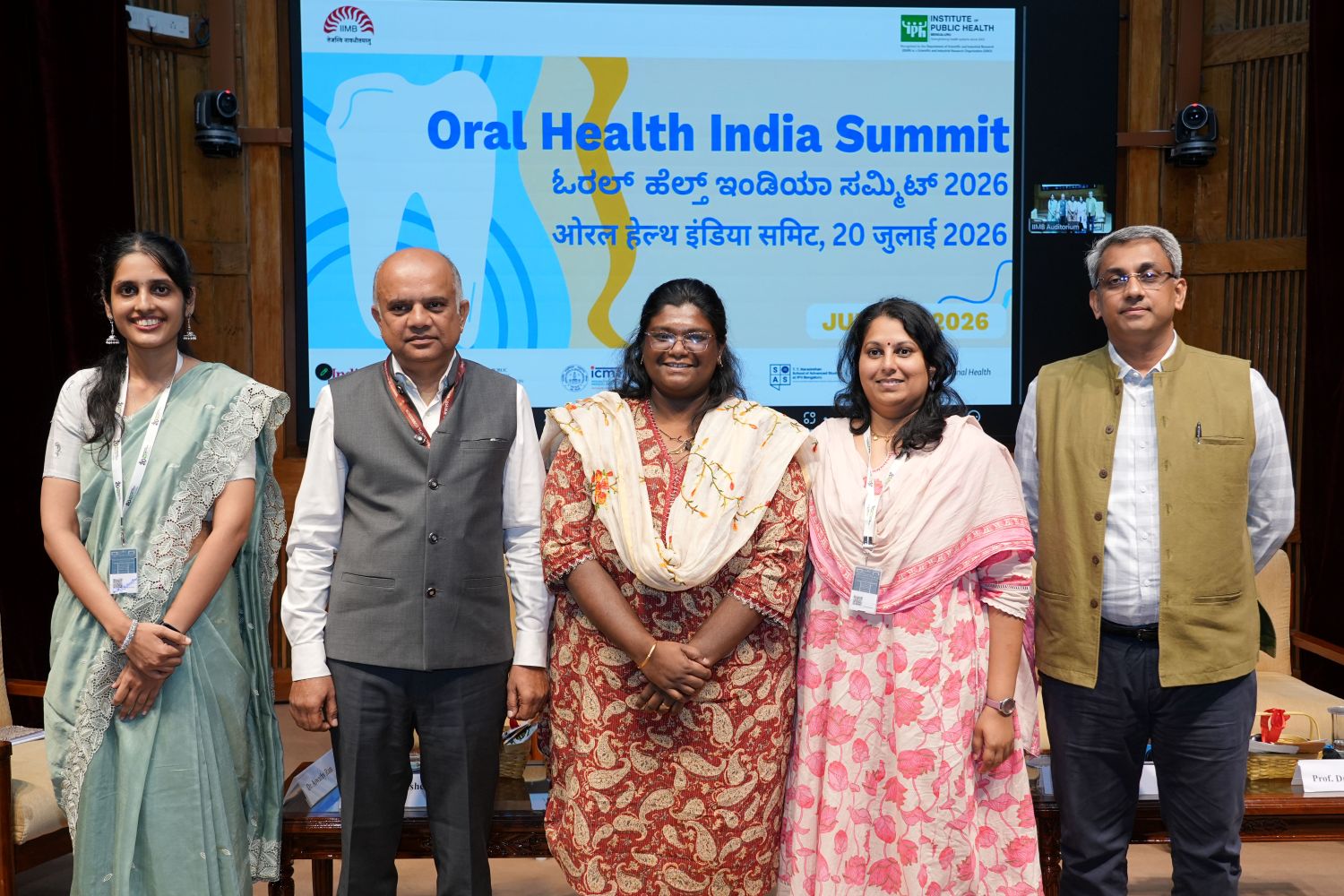 (L–R): Dr. Aswathy Ram, Research Assistant, Institute of Public Health (IPH) Bengaluru (Moderator); Dr. Chandrashekar Janakiram, President, Undergraduate and Postgraduate Dental Education Board, National Dental Commission; Dr. Starry Dcruz, Senior Programme Coordinator, Lok Swasthya SEWA, Gujarat; Dr. Malu Mohan, Assistant Professor, Institute of Public Health (IPH) Bengaluru; and Prof. Allen Ugargol, Public Policy Area, IIM Bangalore, participate in Session 2: Dental Workforce Panel, discussing strategies to strengthen India's dental workforce through education reforms, equitable distribution, and integration with primary healthcare.
