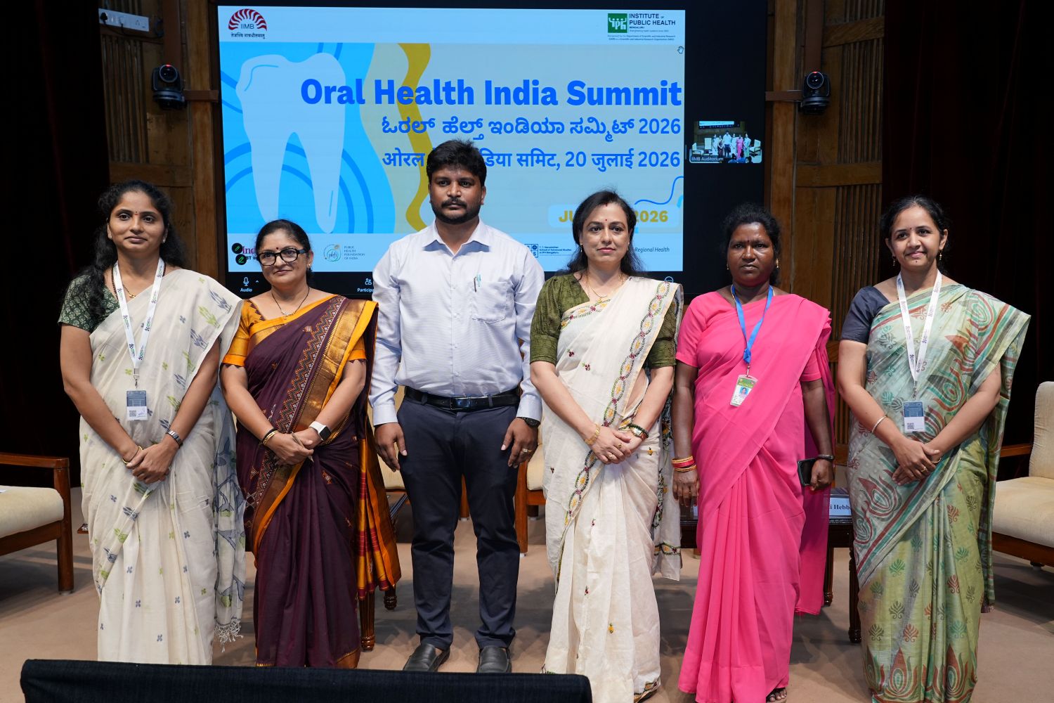 (L–R): Dr. Lathadevi Chilgod, Centre Lead, Centre for Health Systems, Institute of Public Health (IPH) (Co-moderator); Dr. Manjula, Deputy Director, State Oral Health Program, NHM, Government of Karnataka; Dr. Srinivas, Taluk Health Officer, Government of Karnataka; Dr. Shobharani, Medical Officer, Government of Karnataka; Mrs. Mangalamma, Community Health Worker, Primary Health Centre, Karnataka; and Dr. Pragati Hebbar, Dean, T. T. Narasimhan School of Advanced Studies, Institute of Public Health (IPH) (Co-moderator), participate in Session 3: Integration and Implementation of Oral Health in Primary Health Care, discussing strategies to strengthen the integration of oral health into primary healthcare through community-based service delivery, workforce capacity building, and digital innovations.