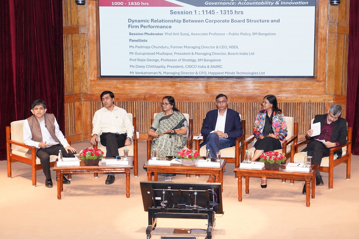 (L-R) The Session 1, moderated by  Prof. Anil Suraj, Public Policy area, IIMB, with panellists Mr. Venkatraman N, MD & CFO, Happiest Minds Technologies Ltd,  Ms. Padmaja Chunduru, Former MD & CEO, NSDL, Mr. Guruprasad Mudlapur, President & MD, Bosch India Ltd, Ms. Daisy Chittilapilly, President, Cisco India & SAARC and Prof. Rejie George, Professor of Strategy, IIMB.