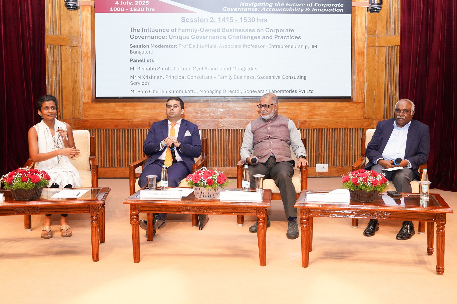 (L-R) In Session 2, moderated by  Prof. Dalhia Mani, Entrepreneurship area, IIMB, with panellists including Mr. Rishabh Shroff, Partner, Cyril Amarchand Mangaldas, Mr. N. Krishnan, Principal Consultant – Family Business, Sadashiva Consulting Services, Mr. Sam Cherian Kumbukattu, Managing Director, Schevaran Laboratories Pvt. Ltd.