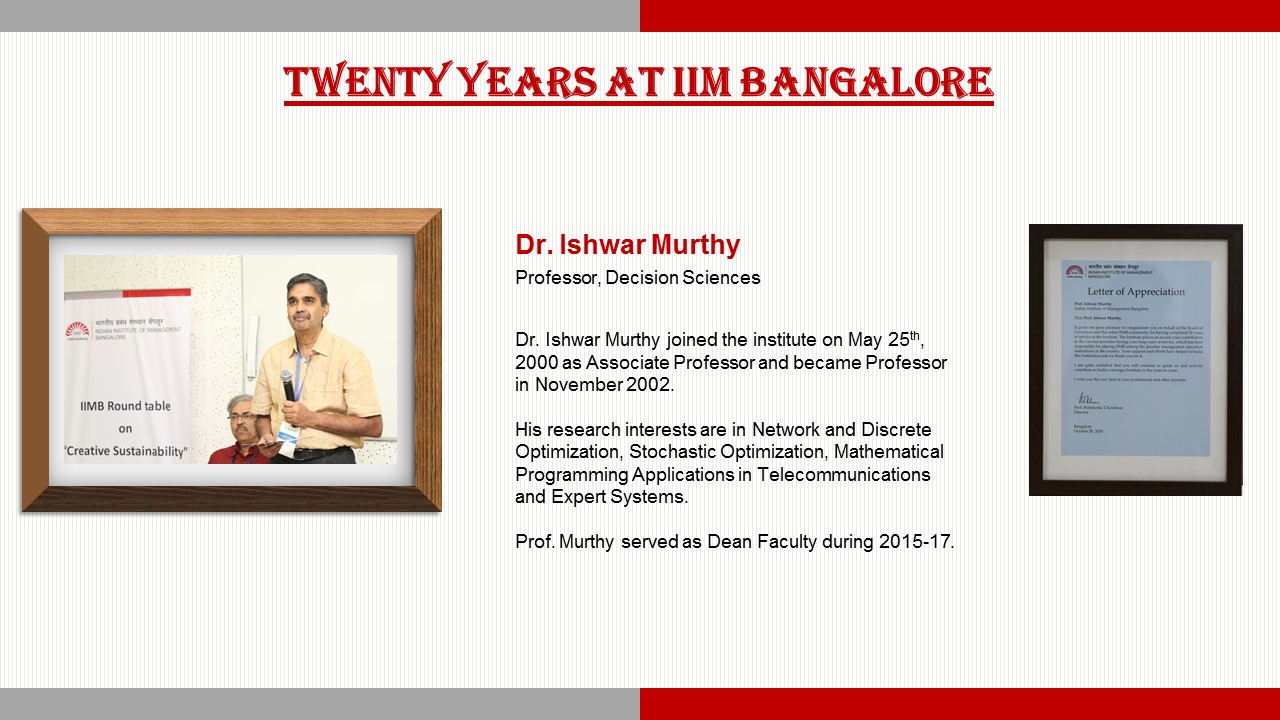 IIM Bangalore congratulates Faculty who are recipients of the Long-Service Awards 2020