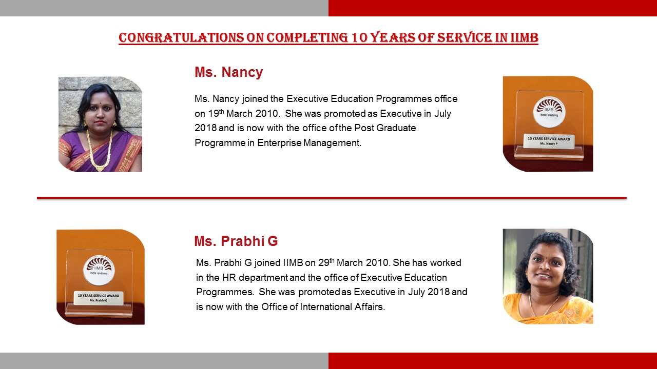 IIM Bangalore congratulates staff who are recipients of the Long-Service Awards 2020