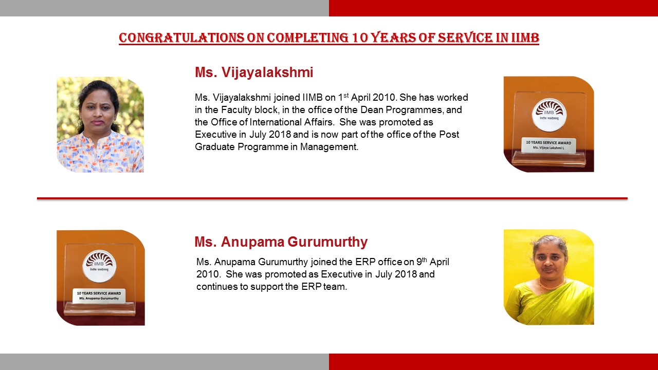 IIM Bangalore congratulates staff who are recipients of the Long-Service Awards 2020