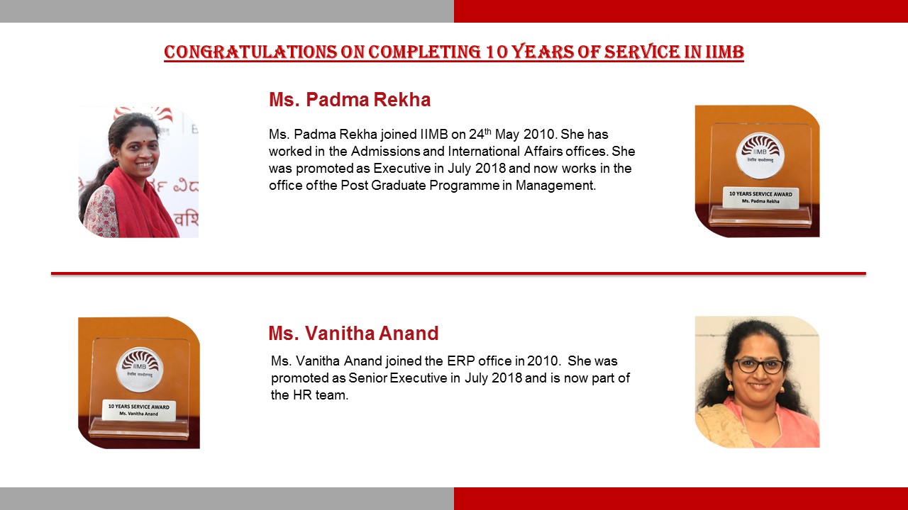 IIM Bangalore congratulates staff who are recipients of the Long-Service Awards 2020