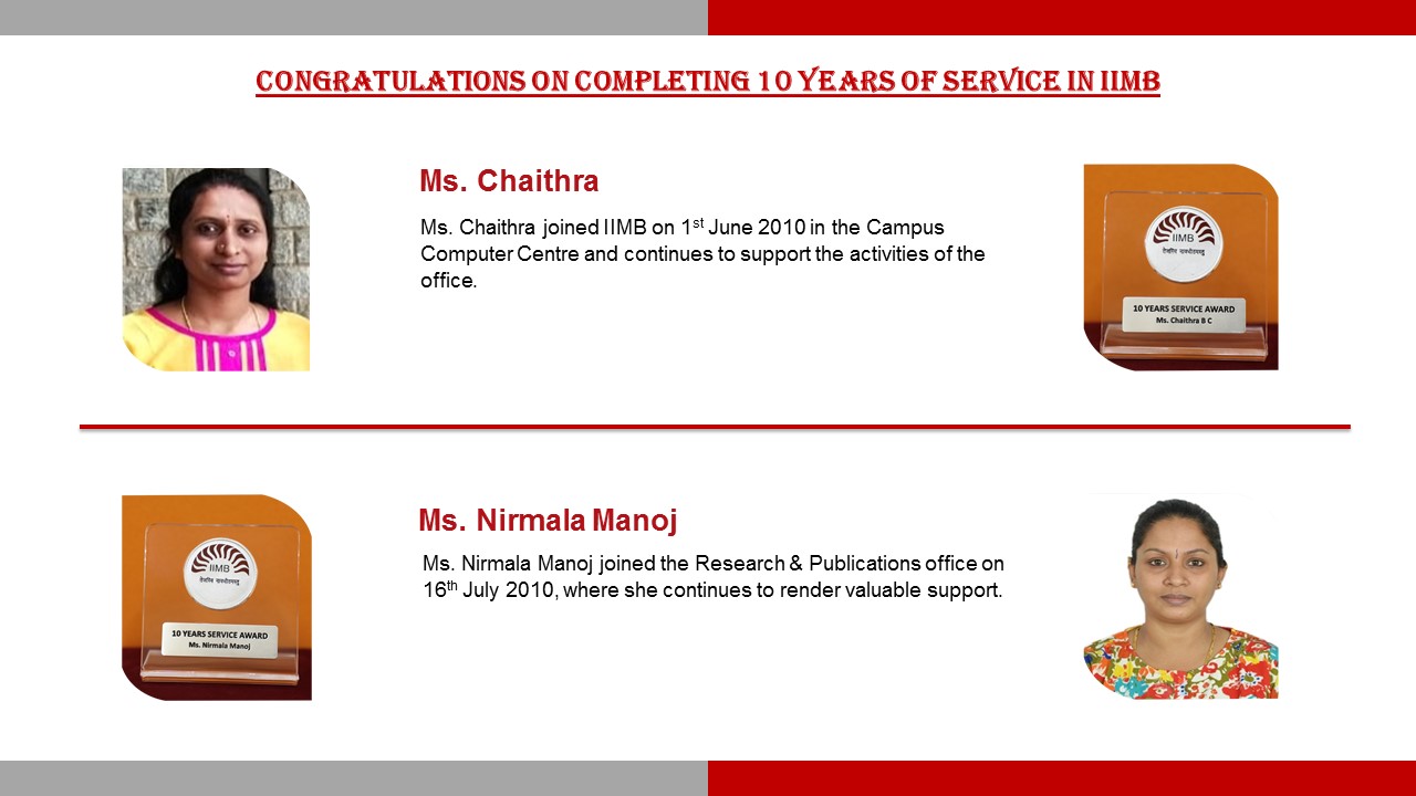 IIM Bangalore congratulates staff who are recipients of the Long-Service Awards 2020