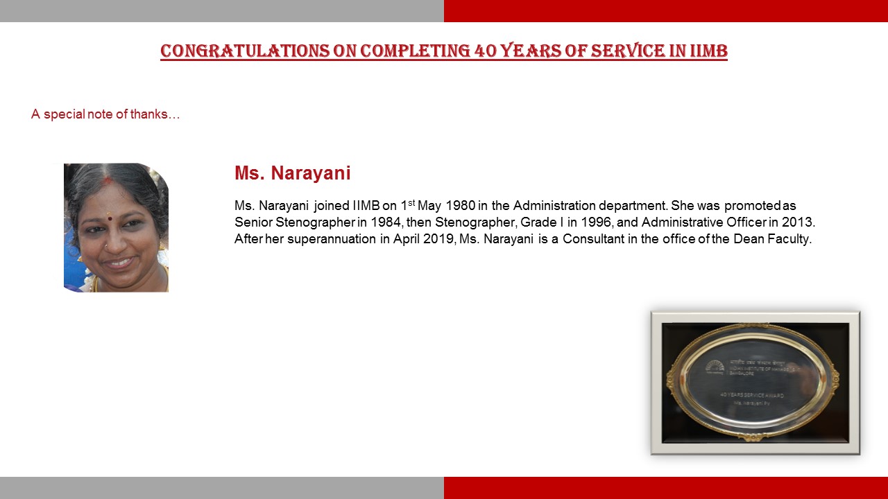 IIM Bangalore congratulates staff who are recipients of the Long-Service Awards 2020