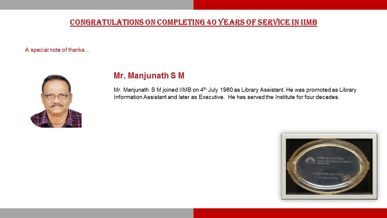 IIM Bangalore congratulates staff who are recipients of the Long-Service Awards 2020