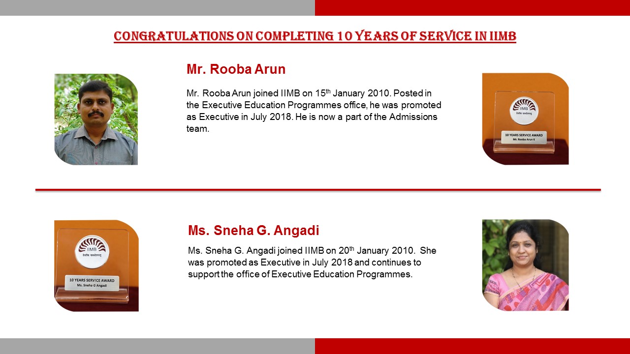 IIM Bangalore congratulates staff who are recipients of the Long-Service Awards 2020