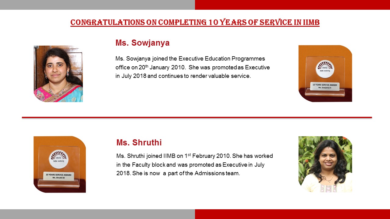 IIM Bangalore congratulates staff who are recipients of the Long-Service Awards 2020