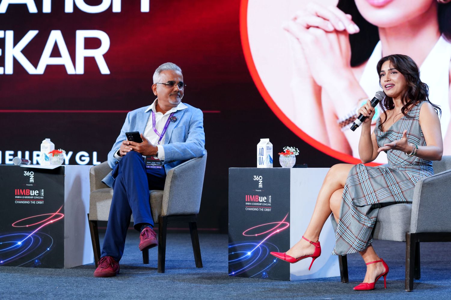 (L-R) PGP '88 Saif Qureishi, CEO & MD, KRYFS Power Components and Past President, IIMB Alumni Association, and Bhumi Satish Pednekar, Actor, Entrepreneur, UN SDG Advocate and Climate Warrior, discuss ambition, purpose and reinvention during the session ‘Stars that Shifted Orbits’.