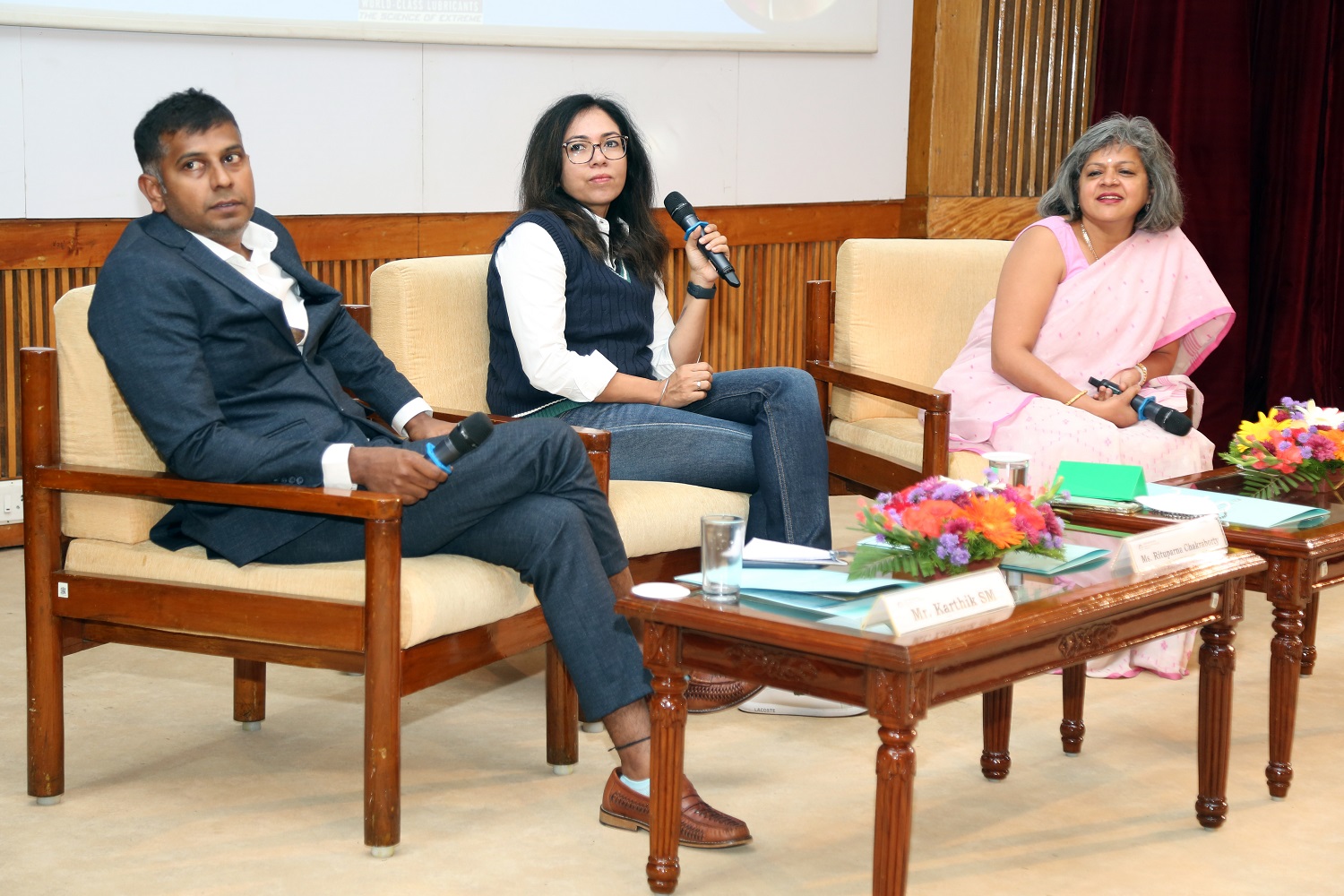 Karthik SM, Global Head of Talent Acquisition, Biocon Biologics, Rituparna Chakraborty, Co-founder & CEO, TeamLease, and Professor Debolina Dutta, faculty in the OB&HRM area at IIMB, during the panel discussion on ‘Hiring for a New India’.