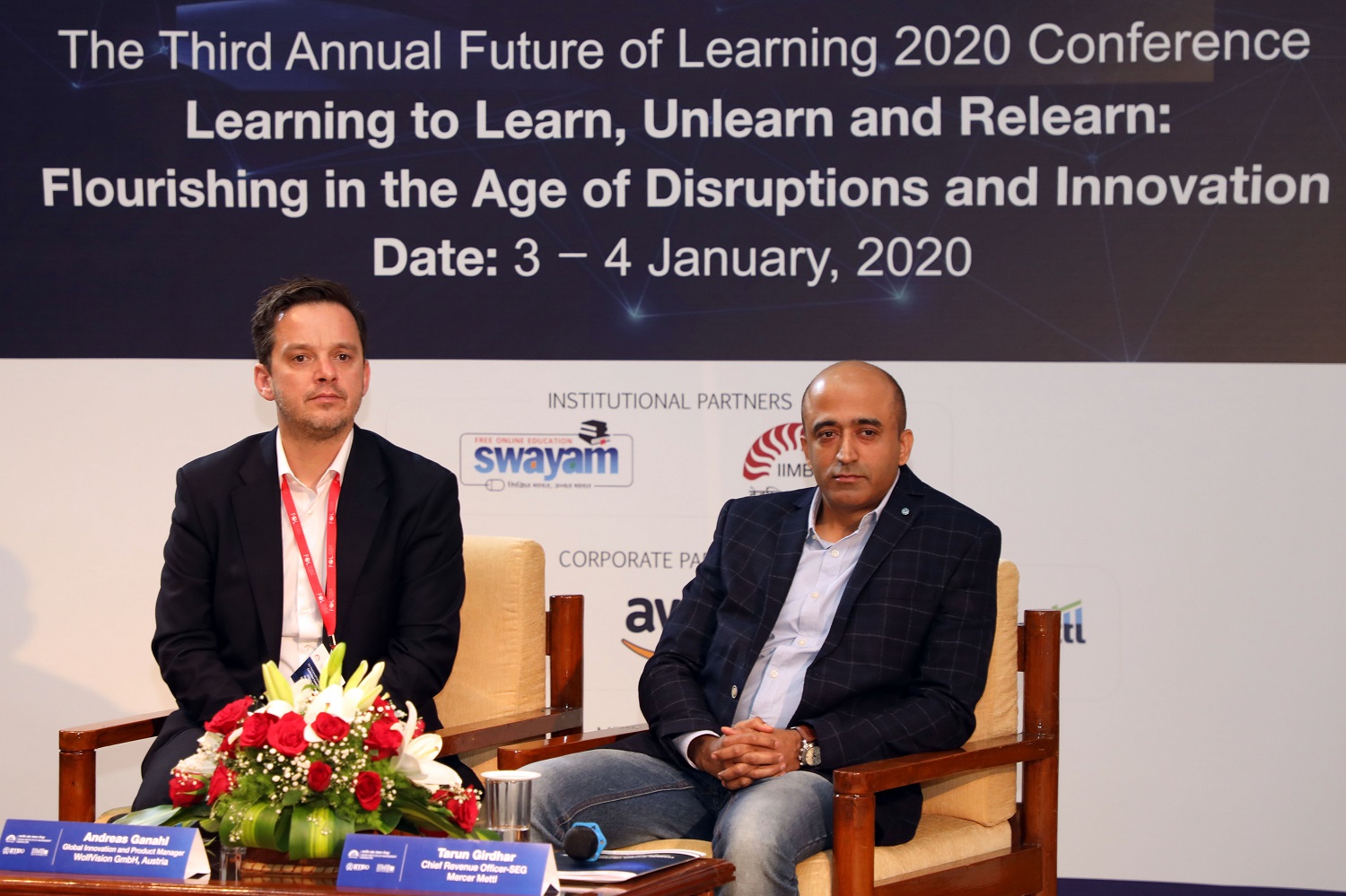 Andreas Ganhal, Product Manager, WolfVision GmbH, Austria, and Tarun Girdhar, Chief Revenue Officer-SEG, Mercer Mettl, at the plenary on the topic, ‘Transforming the Classroom through Technology’, during the conference.