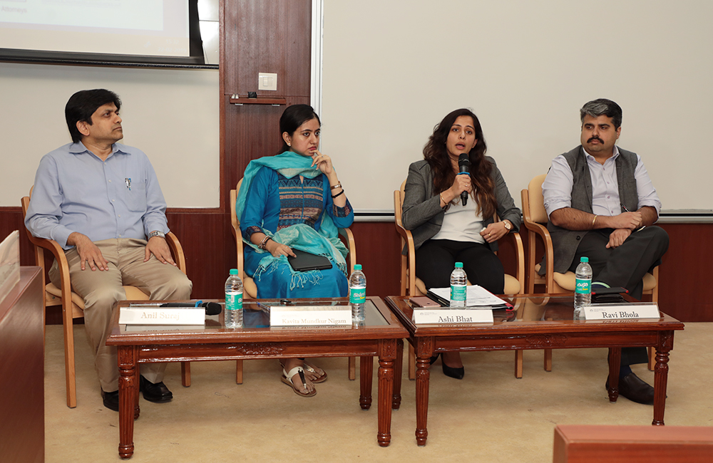 (L-R) Prof. Anil Suraj, Visiting Faculty, IIMB, with Ashi Bhat, Principal Associate, Indus Law, Kavita Mundkur Nigam, Partner, Krishna & Saurastri Associates LLP, and Ravi Bhola, Partner, K&S Partners at a panel discussion at the IPR workshop.