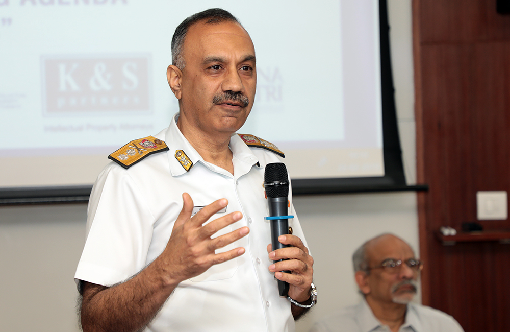 Rear Admiral Atul Khanna, VSM, Additional Director General, DQA(N), Ministry of Defence, Department of Defence Production, addresses participants at the IPR workshop at IIMB on February 22 (Friday).