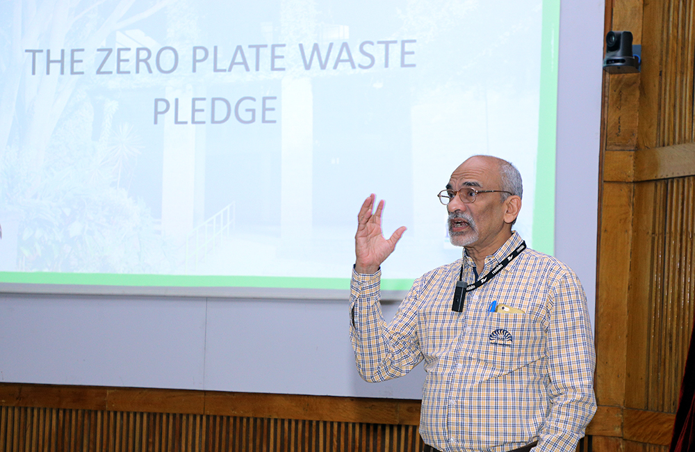 Prof. G Raghuram, Director, IIMB, addresses students about ‘Zero Plate Waste’ on June 15, 2019.