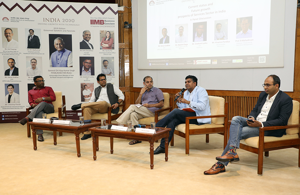 (L-R) Vinamra Pandiya, CEO, Qtrove, Rakshit Daga, VP and CTO, Big Basket, Prof. B Mahadevan, IIMB, Sreekant Lanka, SVP, iQuanti, and Varun Sridhar, CEO, OPO Financial Services, during the panel discussion on ‘Future Growth Prospects of Services Sector in India’ during the conclave.