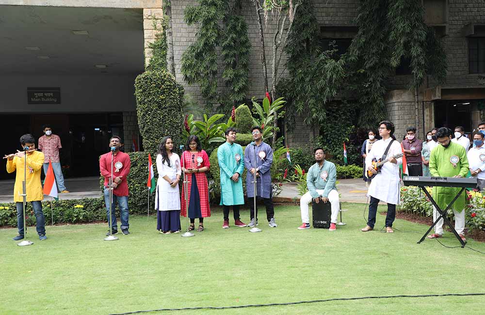 Students sing patriotic songs on the occasion of Independence Day.