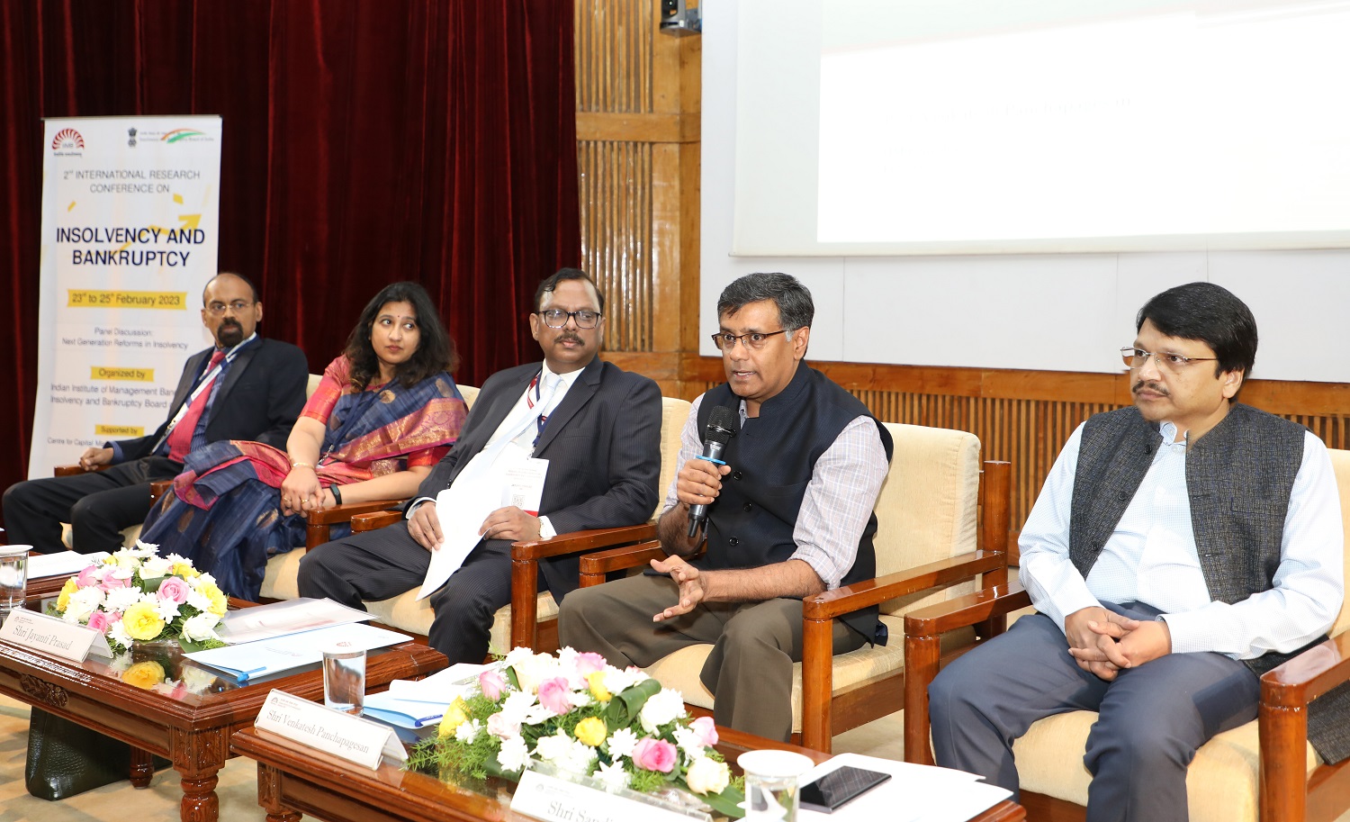 Prof. Venkatesh Panchapagesan (fourth from left), faculty in the Finance & Accounting area, IIMB, moderates the workshop on ‘Data-driven Insolvency Research’, organized as part of the 2nd International Research Conference on Insolvency and Bankruptcy, on 25th February 2023. Also present, from left to right, are: Debajyoti Ray Chaudhuri, MD and CEO, NeSL; Anita Shah Akella, Joint Secretary, Ministry of Corporate Affairs, GoI; Jayanti Prasad, Whole Time Member, IBBI, and Sandip Garg, Executive Director, IBBI.